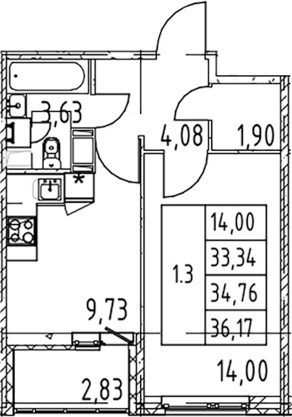 1-комнатная квартира 33.34 м², 2/12 эт., ЖК «Полис ЛАВрики»
